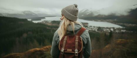 AI generated Contemplative Woman Overlooking Autumn Lake photo