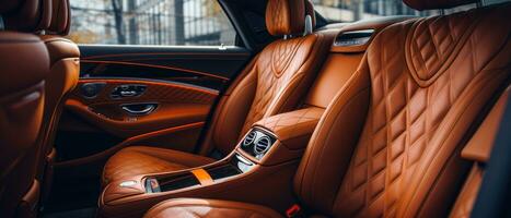 AI generated Luxury car interior with tan leather seats, classic elegance. AI generative. photo