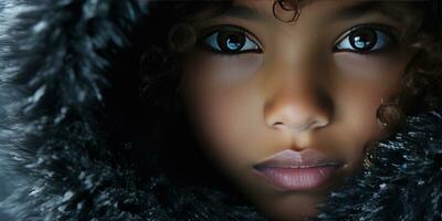 AI generated Close-up of a young black girl in a luxurious fur hooded coat. AI generative. photo