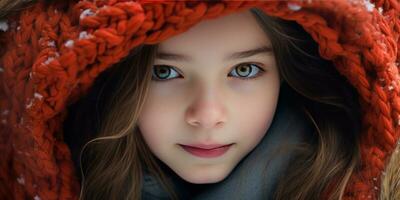 AI generated Girl in winter coat and orange scarf. AI generative. photo