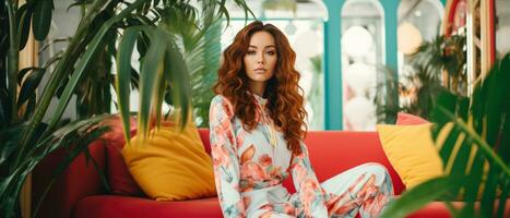 AI generated Comfortable home setting with a woman in stylish loungewear. AI generative. photo