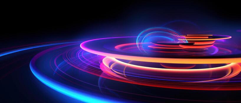AI generated A mesmerizing blend of neon lights and circular patterns in this abstract background. photo