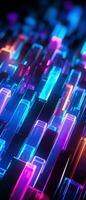 AI generated The bright neon patterns and 3D perspective convey the concept of a virtual world within a concrete jungle. photo