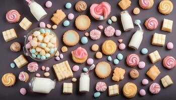 AI generated various cookies and sweets on a dark background photo