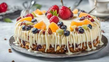 ai generado un pastel con Fruta y crema en parte superior foto