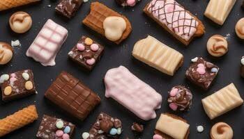 AI generated various types of chocolate and candy bars on a black background photo