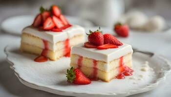 ai generado dos piezas de pastel con fresas en un plato foto