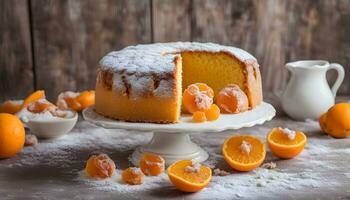 AI generated a cake with powdered sugar on top and oranges photo
