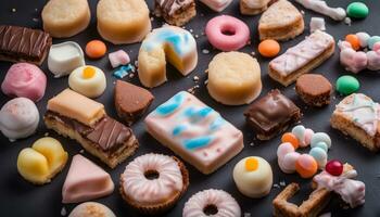 AI generated assortment of sweets on black background photo