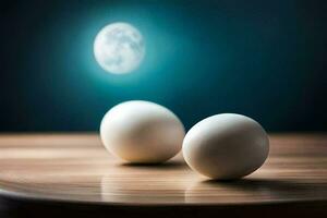 two eggs on a table with a full moon in the background. AI-Generated photo