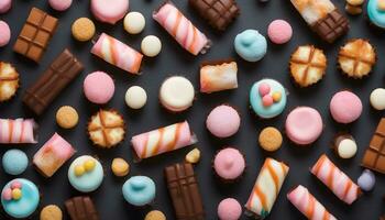 AI generated a large assortment of colorful candy on a black background photo