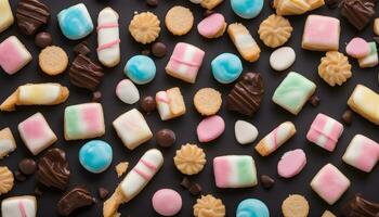 ai generado muchos diferente tipos de galletas y golosinas en un negro antecedentes foto