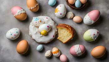 AI generated easter eggs and donuts on a table photo