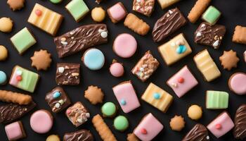 AI generated assorted cookies and candies on a black background photo