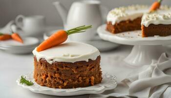 AI generated a carrot cake with cream frosting and a carrot on a plate photo