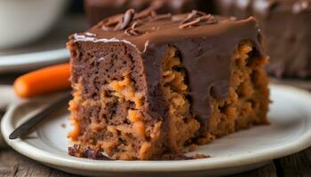 AI generated a piece of carrot cake with chocolate frosting on a plate photo