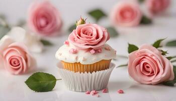 AI generated a cupcake with pink roses on a white background photo