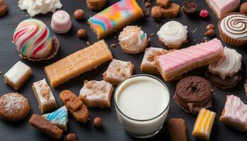 AI generated various sweets and desserts are arranged around a glass of milk photo