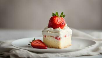 ai generado un pedazo de pastel con azotado crema y fresas foto