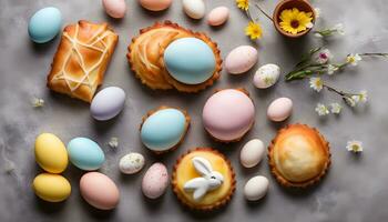 AI generated easter eggs and pastries on a table photo