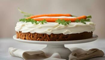 ai generado un Zanahoria pastel con crema Crema y dos zanahorias foto