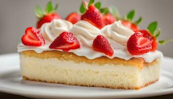 ai generado un pedazo de pastel con azotado crema y fresas foto