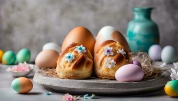 ai generado Pascua de Resurrección huevos y un pan en un plato con flores foto