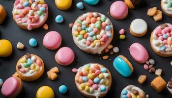 AI generated colorful cookies and candies on a black background photo