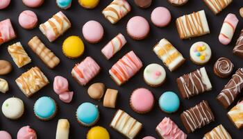 AI generated assorted sweets on a black background photo