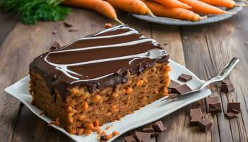 AI generated a piece of carrot cake with chocolate frosting on a white plate photo