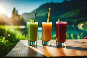 Tres diferente jugos son sentado en un mesa en frente de un lago. generado por ai foto