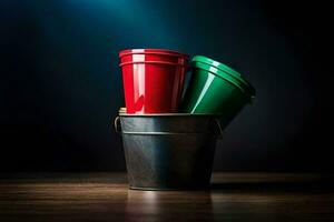 two red and green cups in a bucket. AI-Generated photo