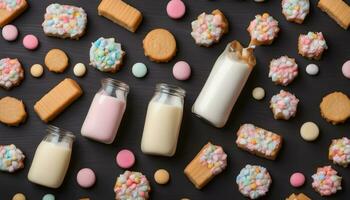 AI generated milk and cookies on a black background photo