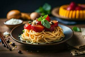 spaghetti with strawberries and basil on a wooden table. AI-Generated photo