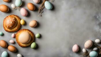 ai generado Pascua de Resurrección huevos y pasteles en un gris antecedentes foto