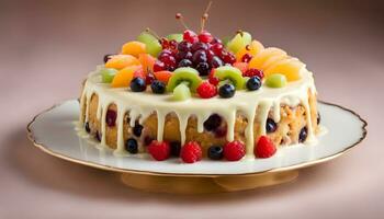 AI generated a cake with fruit on top and drizzled with cream photo