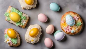 AI generated easter eggs decorated with icing and decorated with flowers photo