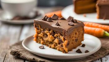 AI generated a piece of carrot cake with chocolate frosting on a plate photo