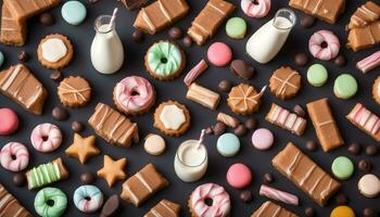 ai generado muchos diferente tipos de galletas y dulces en un negro antecedentes foto