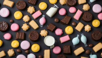 AI generated many different types of cookies and candies on a black background photo