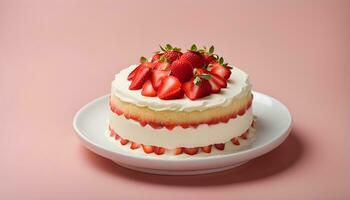 AI generated a strawberry cake on a plate with cream and strawberries photo