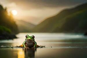 a frog is sitting on the edge of a river. AI-Generated photo
