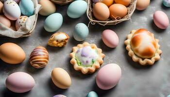 ai generado Pascua de Resurrección huevos y pasteles en un mesa foto