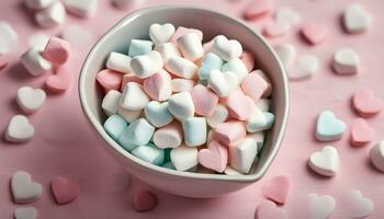 AI generated a bowl filled with marshmallows on a pink background photo