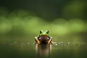 a frog sitting on the ground in front of a green background. AI-Generated photo