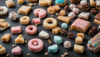 AI generated various types of sweets on a black background photo