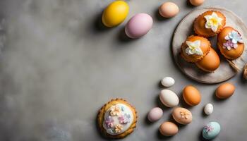 ai generado Pascua de Resurrección huevos y pasteles en un mesa foto