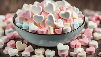 AI generated a bowl of marshmallows on a wooden table photo