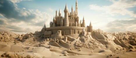 AI generated Intricate sand castle in the desert, standing on a hill. AI generative. photo