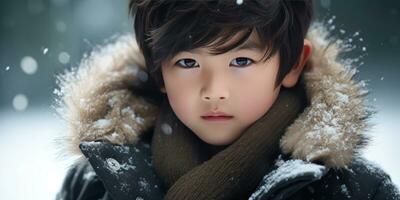 AI generated Close-up of a young Asian boy in winter attire. AI generative. photo